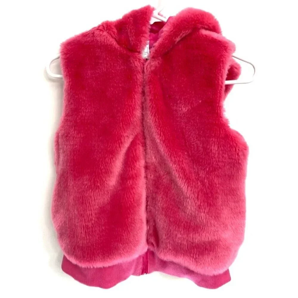 Gymboree Fuzzy Pink Hooded‎ Vest Girls 10-12 Pockets Reversible